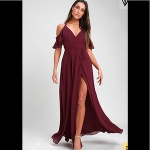Lulus Burgundy Cold-Shoulder Wrap Maxi Dress